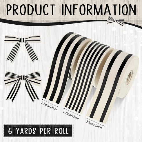 3 Rolls 1 Inch x 18 Yards Christmas Black White Stripe Ribbon, Natural Cotton for Gift Wrapping, Home Christmas Decor