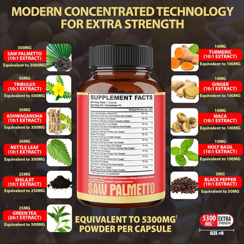 2 Packs 60 Counts 4 Months - Saw Palmetto Capsules 5300 mg - 11in1 with Ashwagandha, Turmeric, Tribulus, Maca, Green Tea, Holy Basil & More - Extract for Prostate, Skin & Immune Support