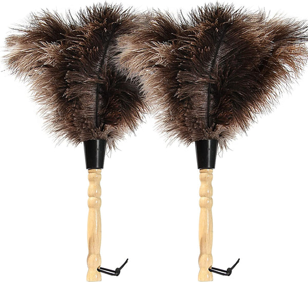 Ostrich Feather Duster - 14 inch Genuine Ostrich Feathers with Wooden Handle, Eco-Friendly Handheld Cleaning Supplies