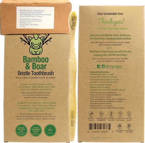 Gaia Guy Natural Bristle Bamboo Toothbrush with Boar Bristles - Biodegradable and Compostable, Zero Waste 12-Pack