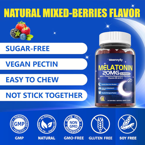 Melatonin 20mg Gummies for Adults, Sugar Free Extra Strength with L-Theanine, Magnesium, Ashwagandha, Turmeric, D3 &