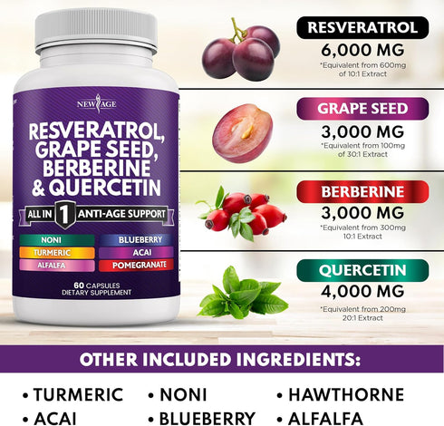 NEW AGE Resveratrol 6000mg, Berberine 3000mg, Grape Seed Extract 3000mg, Quercetin 4000mg - 180 Capsules Supplement