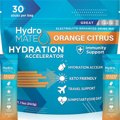 HydroMATE Electrolytes Powder Packets, Low Sugar Hydration Accelerator Drink Mix with Vitamin C, Orange, 30 Count