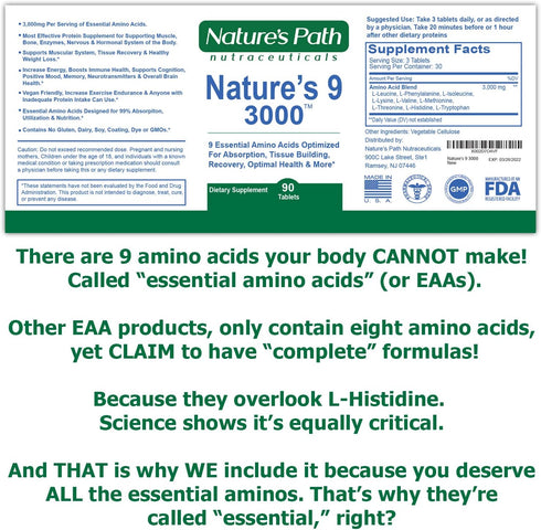Nature's 9 Essential Amino Acids Supplement, Best EAA Amino Acid Complex, Vegan, 90 Pills