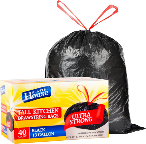 Strong Large 13 Gallon Black Drawstring Trash Bags, Multipurpose Kitchen Garbage Can Liners, 40 Count