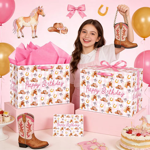 Nefrayd Cowgirl Gift Bag, Pink Western Gift Bag with Card and Tissue Paper, Western Theme Birthday Party Decorations