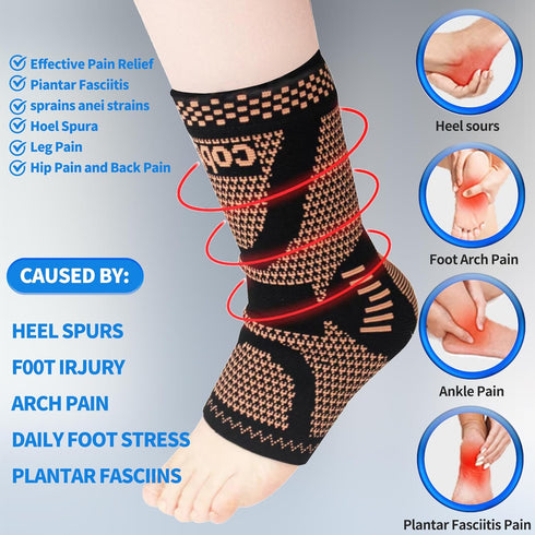 Copper Ankle Joint Brace, Compression Sleeve for Achilles Tendon and Plantar Fasciitis Pain Relief, Black, Large