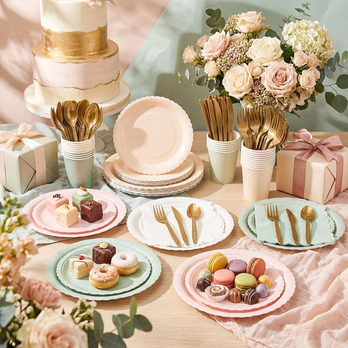 Zhehao 175 Set Pcs Pink and Sage Green Style Party Supplies Pink and Green Disposable Tableware Kit with Plates, Cups