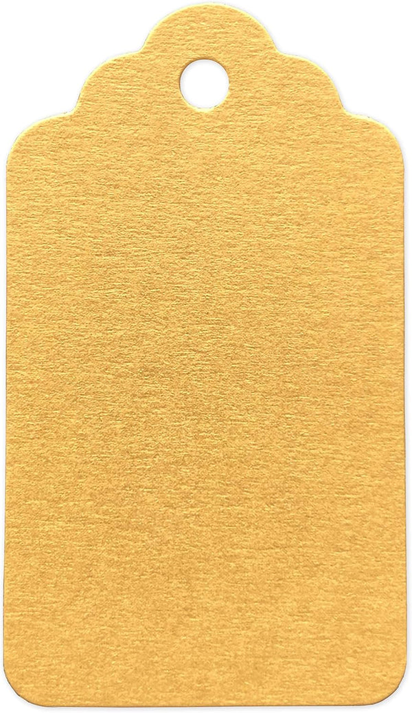 LWR CRAFTS 100 Hang Tags with Jute Twines, Scalloped Top Rectangle, 2 3/4" x 1 9/16", Golden