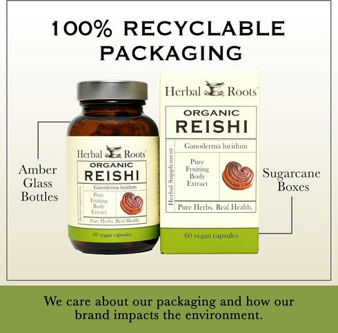 Immune 60 Herbal Roots Organic Reishi Mushroom Capsules - Made with Fruiting Bodies - Support Energy, Vitality, & Heart