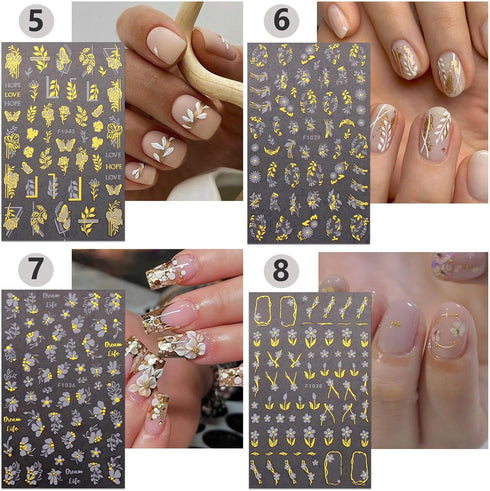 8 Sheets Gold Nail Stickers, Flower Nail Decals, 3D Self-Adhesive Leaf Nail Art Supplies for Women