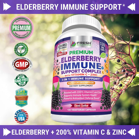 FRESH HEALTHCARE Elderberry Capsules - High Potency Black Elderberry with Zinc and Vitamin C - Premium Elderberry Vitamins for Adults - 3 in 1 Immune Support Supplement