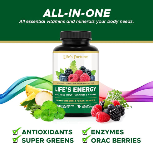 Life's Fortune Advanced Multi-Vitamin and Mineral for Men & Women, Non-GMO, 60 Veggie Tablets