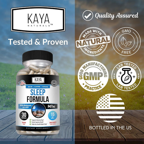 Kaya Naturals Sleep Support Formula with Melatonin, Vitamin Supplement for Sleep, Stress, and Mood Support, 30 Count