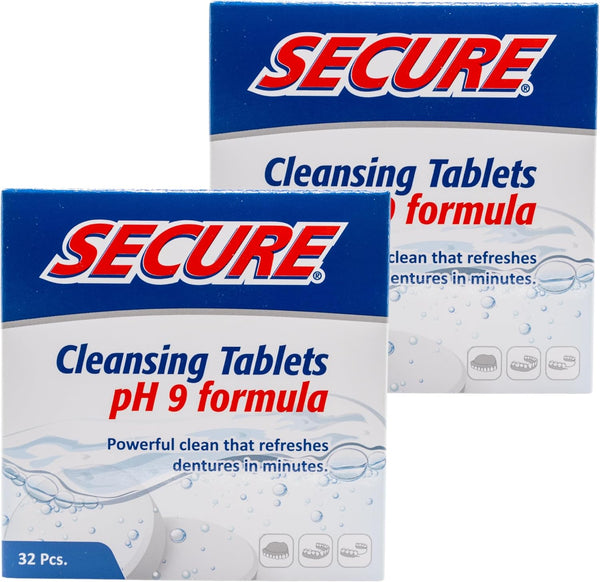Secure Daily Cleansing Tablets - pH 9 Formula for Dentures, Nightguards, Retainers & Partials - 32 Tablets (2-Pack)