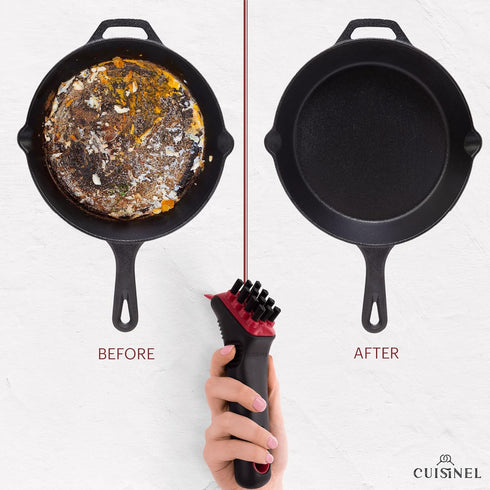 Cuisinel Cast Iron Scrubber Cleaning Brush + Pan/Grill Scraper - Skillet and Grill Cleaner Kit - Soft-Touch Confident-Grip Dish Scrub Tool - Tough on Grease, Gentle on Metal and Non-Stick Cookware by Cuisinel
