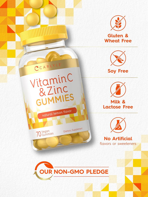 Carlyle Vitamin C and Zinc Gummies, 70 Count, Vegan, Non-GMO, Gluten Free Supplement, Lemon Flavor