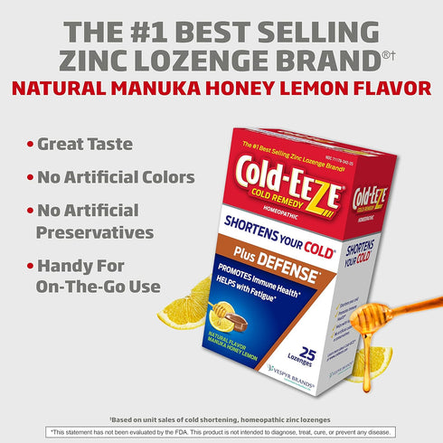 Cold-Eeze Plus Defense Natural Manuka Honey Lemon Zinc Lozenges, 25 Ct. Homeopathic Remedy