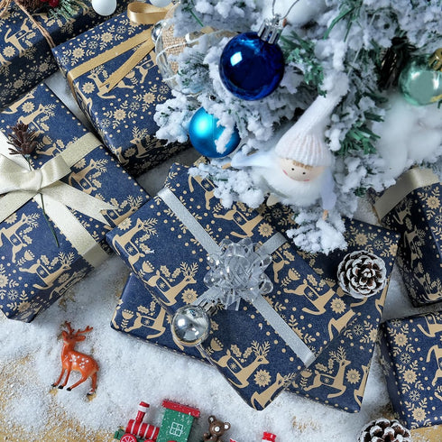 KESTAR 17 Inch 49 (69.4 Christmas Wrapping Paper Roll, Navy Blue Kraft Wrapping Paper, x Feet, Snowflake, Xmas Floral