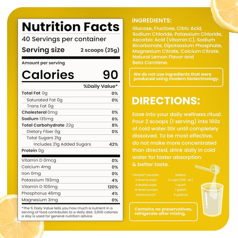 Vitalyte Electrolyte Powder Drink Mix, Isotonic Hydration Mix, Gluten Free, Pack of 1, 35 oz, Lemon Flavor