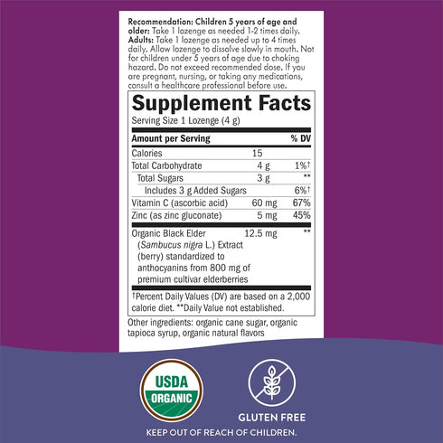 Nature’s Way Sambucus Organic Zinc Lozenges, Elderberry and Zinc Lozenges with Vitamin C, Certified Organic, 24 Lozenges