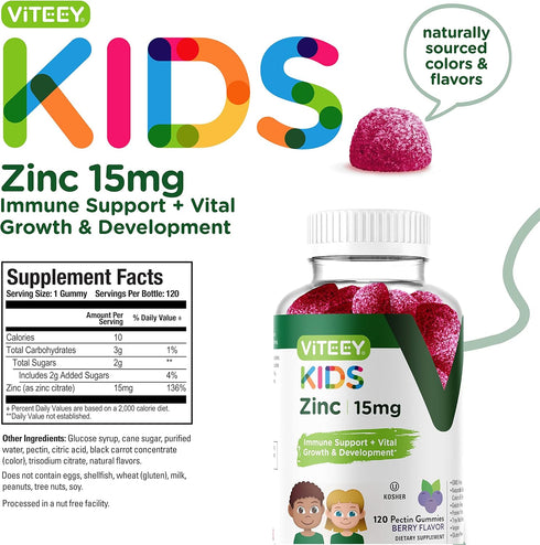 Zinc Gummies for Kids 15mg - Immune Support & Antioxidant - Vegan, Gluten Free, Tasty Chewable Berry Flavor - 120 Count