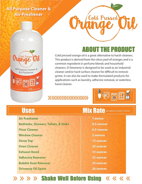 Premium Cold Pressed Orange Oil Concentrate - 32 oz (D-Limonene) - All-Natural Citrus Cleaner and Degreaser