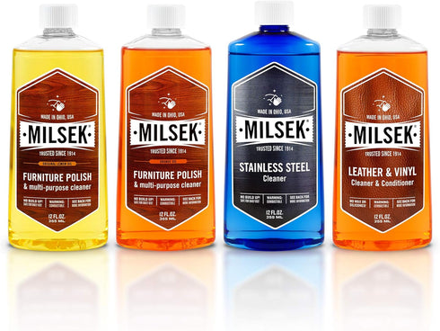 Milsek Furniture Polish Variety Pack: 4-Pk, 12 fl oz, Lemon Oil, Orange Oil, Stainless Steel & Leather Cleaner