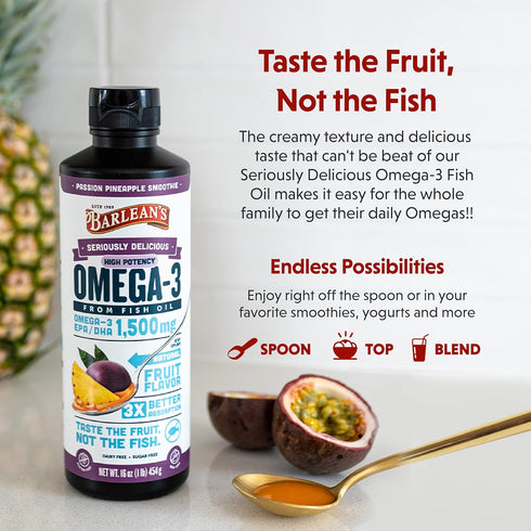 Barlean's Passion Pineapple Omega 3 Fish Oil Liquid Supplement, 1500mg EPA & DHA, 16 oz