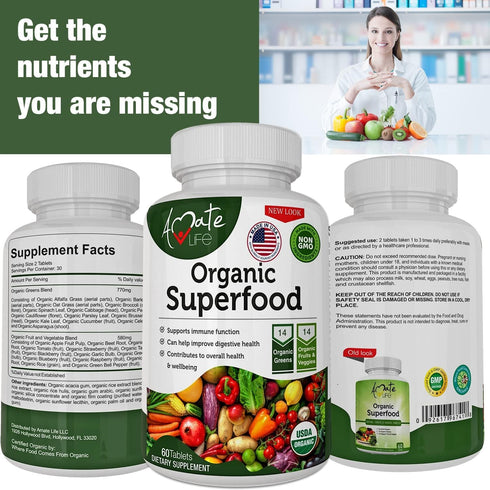 Organic Superfood Greens Fruits and Veggies Complex - Dietary Supplement with 14 Greens & 14 Fruits & Vegetables,