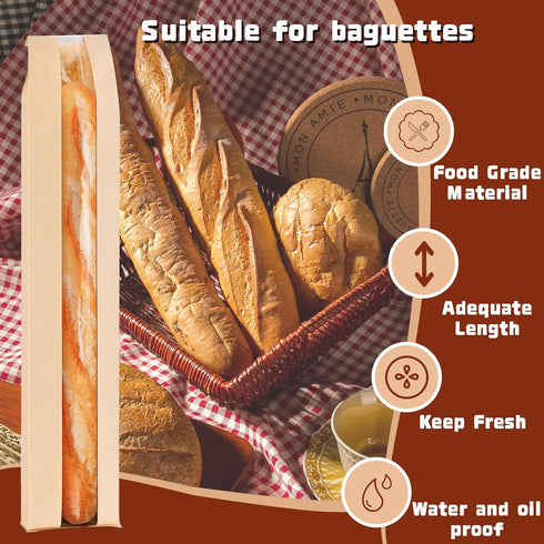 MXYEVL 50 Pack Baguette Bags for Homemade Bread with Stickers, Reusable Kraft Paper Bread Bags, Long Sourdough Paper