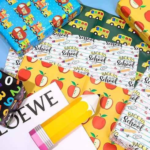 JarThenaAMCS 12 Sheets Back to School Wrapping Paper, Flat Folded Gift Wrap Paper with 6 Designs for Classroom Party