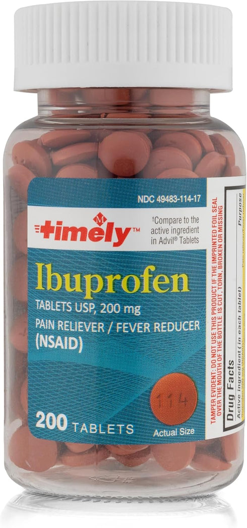 Timely Ibuprofen 200mg 200 Tablets - Pain Relief and Fever Reducer for Headaches, Menstrual Pain, Body Aches