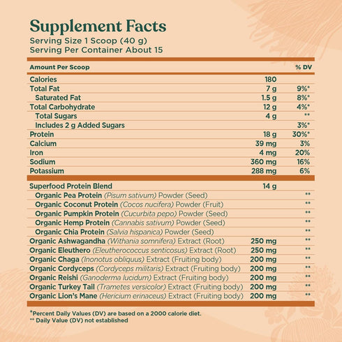 Four Sigmatic Organic Plant-Based Protein Powder, Peanut Butter Flavor, Clean Vegan Protein, 21.16 oz