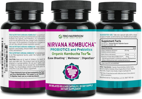 TRIO NUTRITION Nirvana Kombucha, Multi-Strain Probiotics & Prebiotic Blend with Organic Tea, Delayed-Release Capsules