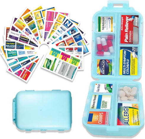 YIXIAN Pill Organizer with Medicine Labels 146 Labels Travel Daily Pill Container Mini