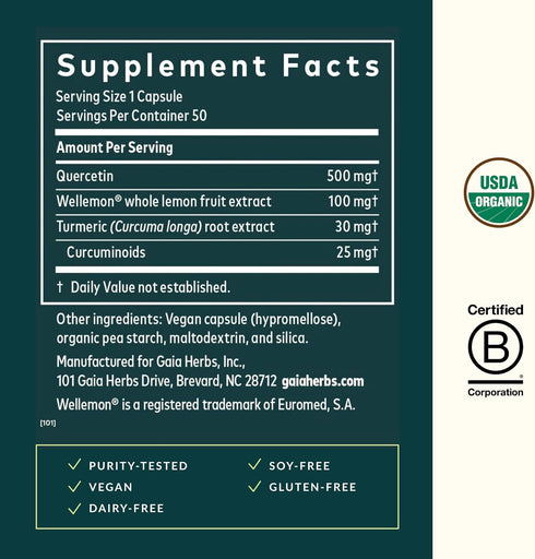 Immune 50 (50 Gaia Herbs Quercetin Synergy - Supports Health* - Wellemon Lemon Fruit Extract - Vegan Capsules Servings)