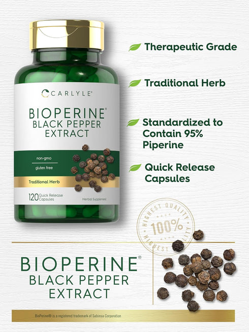 Carlyle Bioperine 10mg, 120 Capsules, Non-GMO & Gluten Free, Supports Curcumin Powder Absorption