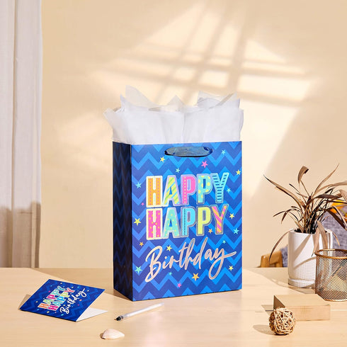 SUNCOLOR 13" Large Happy Birthday Gift Bag with Card and Tissue Paper (Blue Happy Birthday)