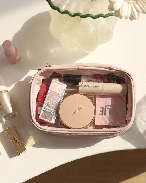 Pocmimut PU Leather Clear Makeup Bag, Travel Essentials Cosmetic Organizer for Women (Beige)
