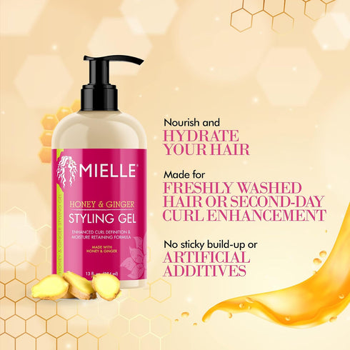 Mielle Organics Honey & Ginger Styling Gel - Enhanced Curl Definition with Aloe for Dry, Curly Hair, 13 Ounces