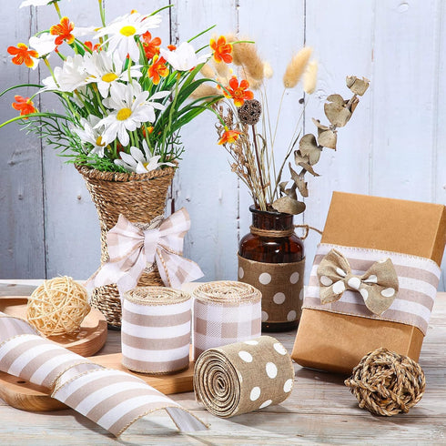3 Rolls Burlap Wired Ribbons, 2.5 Inch x 15 Yards, Plaid Wrapping, Striped Gingham for DIY Crafts, Home Decoration