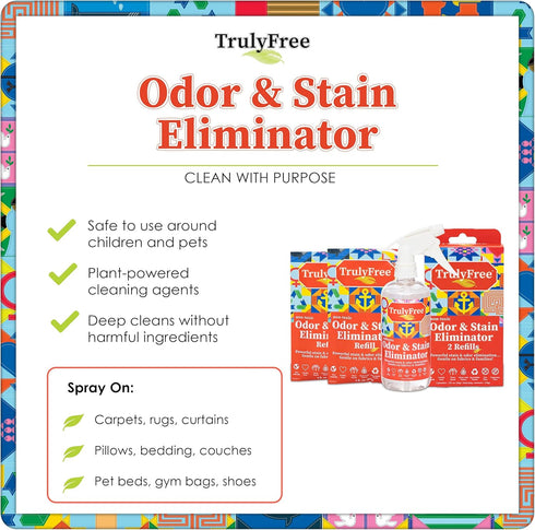 2-Pack TrulyFree Odor & Stain Eliminator - Includes Empty Refillable 16oz Spray Bottle and 2 Refill Pouches