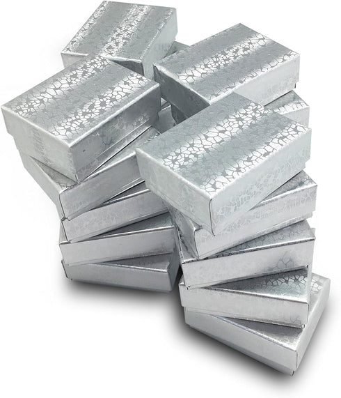 TheDisplayGuys 25-Pack #11 Cotton Filled Cardboard Paper Jewelry Boxes, Silver Foil Gift Case (2.1" x 1.8" x 0.8")