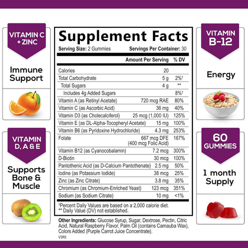 Multivitamin Gummies, Extra Strength Daily Multi Vitamin Gummy for Women & Men with Vitamins A, C, D, E, B6, B12, Zinc & Antioxidants Supplement for Immune Health Support, Non-GMO, Berry - 60 Gummies