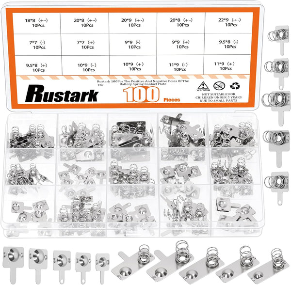 Rustark 100Pcs Battery Spring Plate Assortment Kit Negative to Positive Conversion Spring Contact