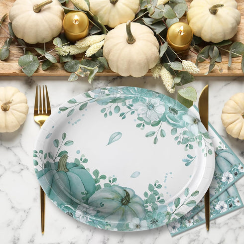 Maxdot 100 10 12 Inch Set 50 Pcs Fall Plates and Napkins x Heavy Duty Oval Thanksgiving Paper Plates Disposable