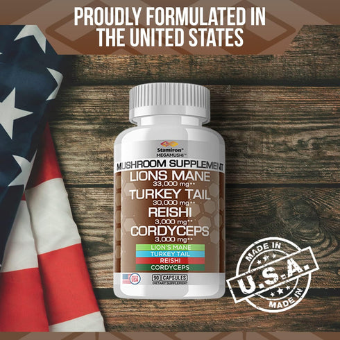 Stamiron Lions Mane Supplement with Turkey Tail & Cordyceps Extract, 90 Count