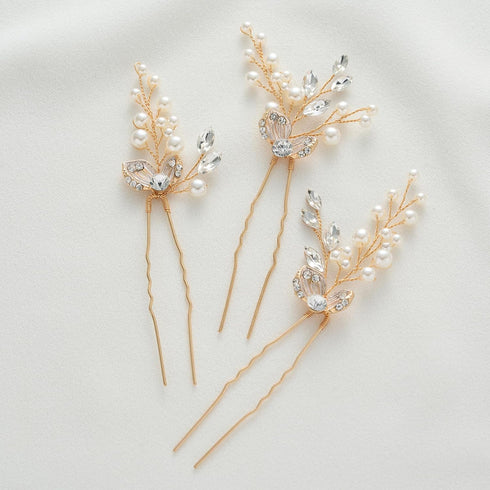 SWEETV Hair Pins, 3Pcs Bridal Hair Accessories, Pearl Wedding Hair Pins, Leaf Bridal Head Piece for Women