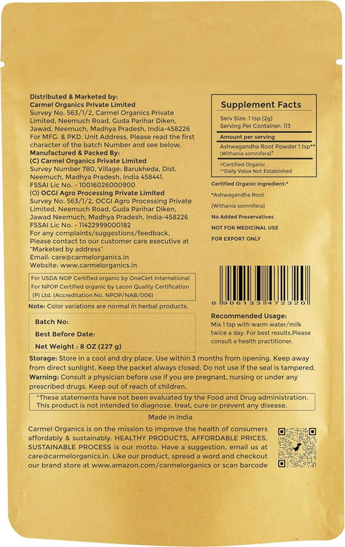 CARMEL ORGANICS Organic Ashwagandha Root Powder (8 Oz/227g), USDA Certified, Non-GMO & Gluten Free from India
